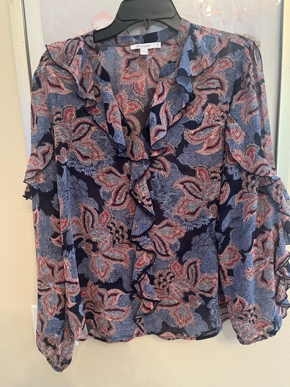 Chico's Navy Floral Ruffle V-Neck Sheer Blouse